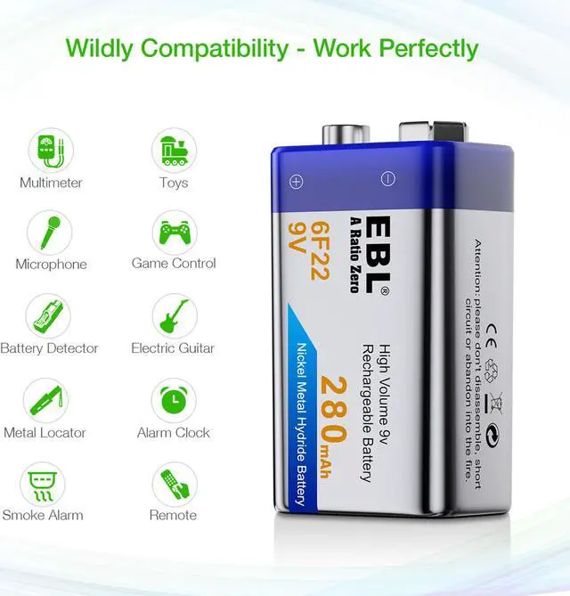 Alt view image 3 of 7 - EBL 4 Pcs 6F22 9V 280mAh Ni-MH Rechargeable Batteries