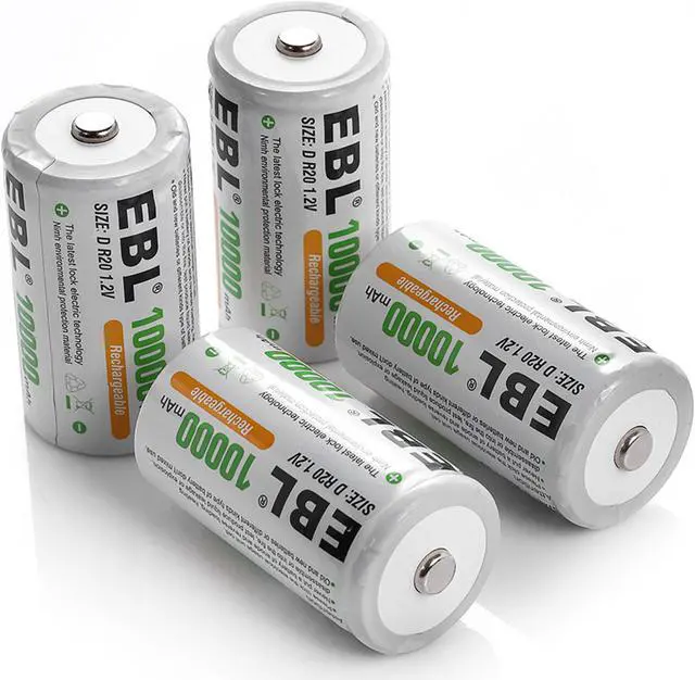 Alt view image 4 of 7 - EBL 4 Pack 10000mAh Size D Battery with Battery Charger for C D 9V AA AAA Rechargeable Batteries