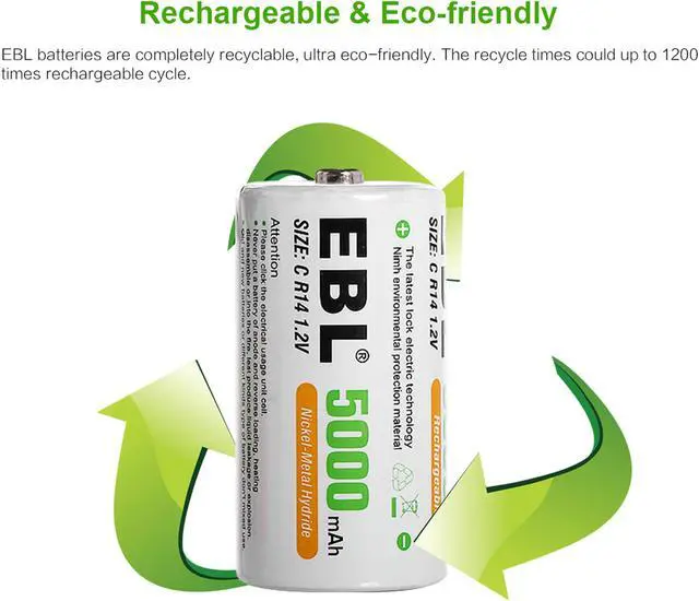 Alt view image 4 of 7 - EBL 6 Pack C Size R14 Battery 5000mAh 1.2V Ni-MH Rechargeable Batteries + LCD Battery Charger for AA AAA 9V C D Battery
