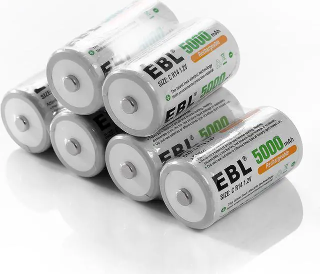 Alt view image 2 of 7 - EBL 6 Pack C Size R14 Battery 5000mAh 1.2V Ni-MH Rechargeable Batteries + LCD Battery Charger for AA AAA 9V C D Battery