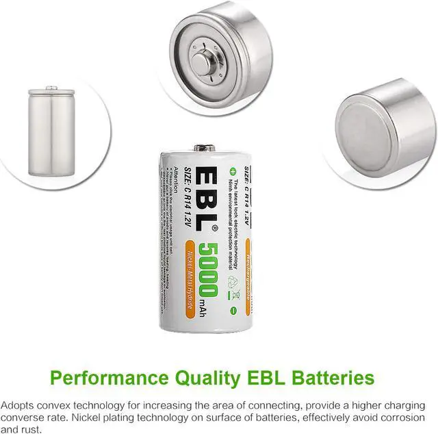 Alt view image 6 of 7 - EBL 2 Pack 5000mAh Size C Battery + LCD Battery Charger for AA AAA 9v C D Ni-MH Ni-CD Rechargeable Batteries