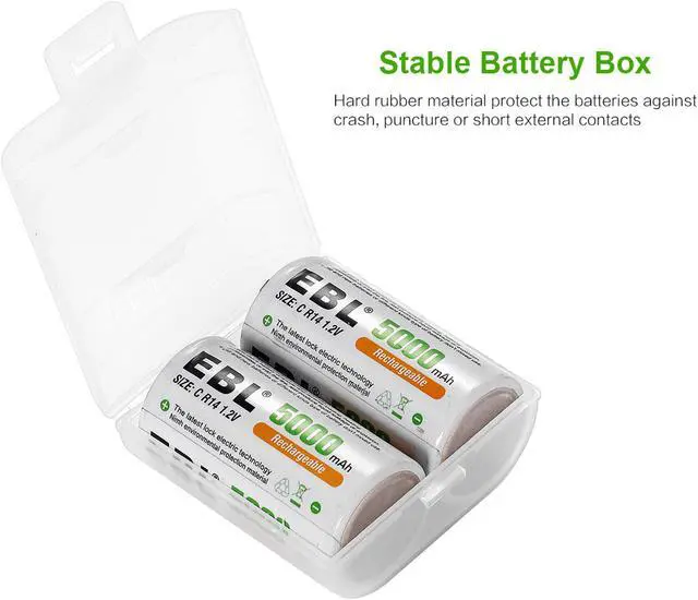 Alt view image 7 of 7 - EBL 2 Pack 5000mAh Size C Battery + LCD Battery Charger for AA AAA 9v C D Ni-MH Ni-CD Rechargeable Batteries