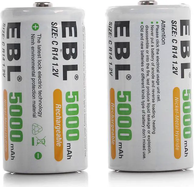 Alt view image 2 of 7 - EBL 2 Pack 5000mAh Size C Battery + LCD Battery Charger for AA AAA 9v C D Ni-MH Ni-CD Rechargeable Batteries