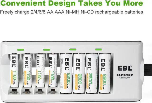 Alt view image 5 of 7 - EBL 16 Pack 2800mAh AA Rechargeable Battery + 8 Bay Battery Charger for Ni-MH Ni-CD AA AAA Batteries
