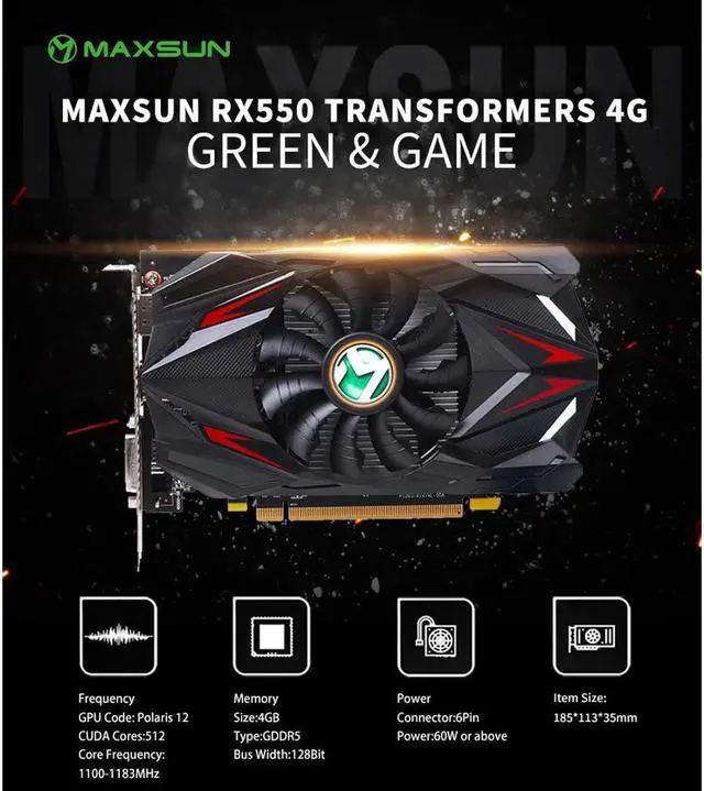 Alt view image 10 of 14 - Maxsun Radeon RX 550 4G Graphic Card GDDR5 GPU Gaming Video Card video For PC New cyclone blade cooling system  9CM large size frost blade fan