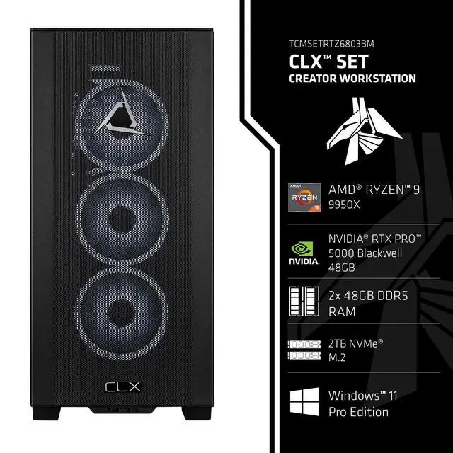 Alt view image 3 of 6 - CLX Gaming Set Creator Workstation - Liquid Cooled AMD Ryzen 9 9950X 4.3GHz 16-Core Processor, 96GB DDR5 Memory, RTX PRO 5000 48GB GDDR7 ECC Graphics, 2TB SSD, WiFi, Windows 11 Pro 64-bit