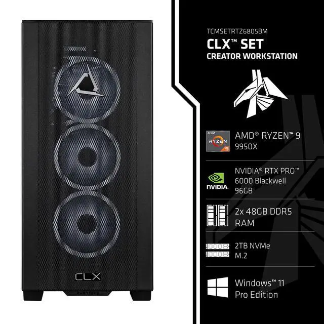 Alt view image 3 of 6 - CLX Gaming Set Creator Workstation - Liquid Cooled AMD Ryzen 9 9950X 4.3GHz 16-Core Processor, 96GB DDR5 Memory, RTX PRO 6000 96GB GDDR7 ECC Graphics, 2TB SSD, WiFi, Windows 11 Pro 64-bit