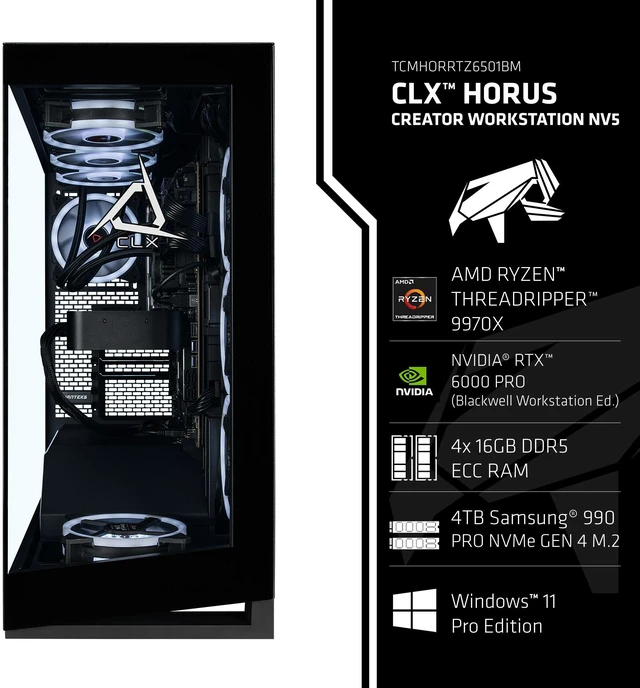 Alt view image 3 of 7 - CLX Horus Creator Workstation - Liquid Cooled AMD Ryzen Threadripper 9970X 4GHz 32-Core Processor, 64GB DDR5 ECC REG Memory, RTX PRO 6000 96GB GDDR7 ECC Graphics, 4TB SSD, WiFi, Windows 11 Pro 64-bit