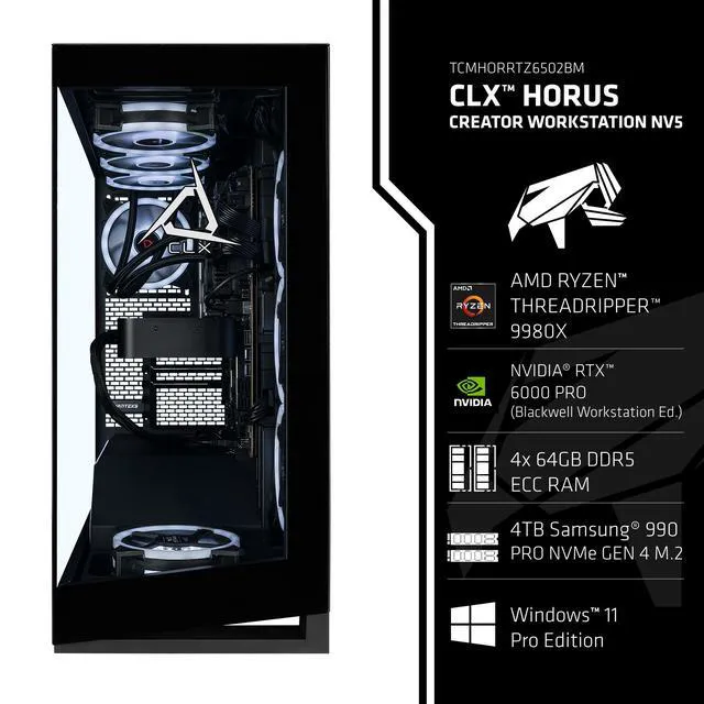 Alt view image 3 of 6 - CLX Horus Creator Workstation - Liquid Cooled AMD Ryzen Threadripper 9980X 3.2GHz 64-Core CPU, 256GB DDR5 ECC REG Memory, RTX PRO 6000 96GB GDDR7 ECC Graphics, 4TB SSD, WiFi, Windows 11 Pro 64-bit
