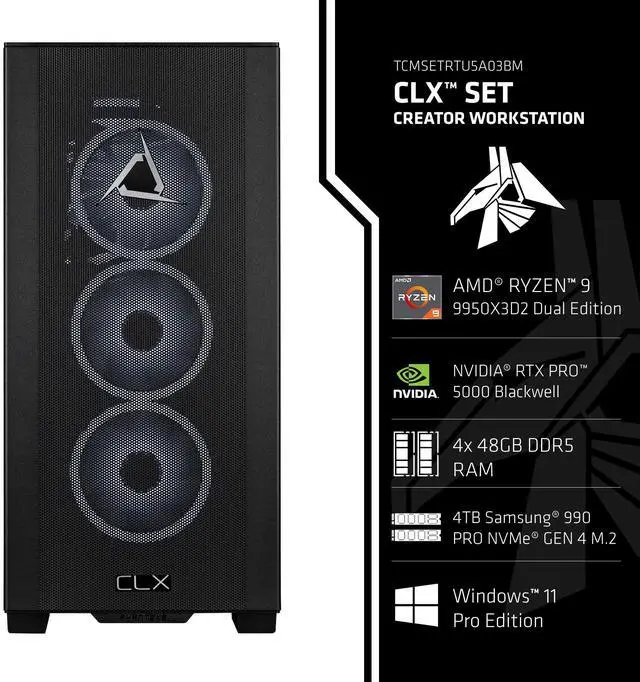 Alt view image 3 of 9 - CLX Set Creator Workstation - Liquid Cooled AMD Ryzen 9 9950X3D2 4.3GHz 16-Core Processor, 192GB DDR5 Memory, RTX PRO 5000 Blackwell 48GB GDDR7 ECC Graphics, 4TB SSD, WiFi, Windows 11 Pro 64-bit