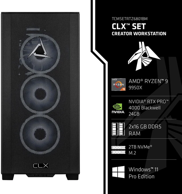 Alt view image 3 of 7 - CLX Set Creator Workstation - Liquid Cooled AMD Ryzen 9 9950X 4.3GHz 16-Core Processor, 32GB DDR5 Memory, RTX PRO 4000 24GB GDDR7 ECC Graphics, 2TB SSD, WiFi, Windows 11 Pro 64-bit