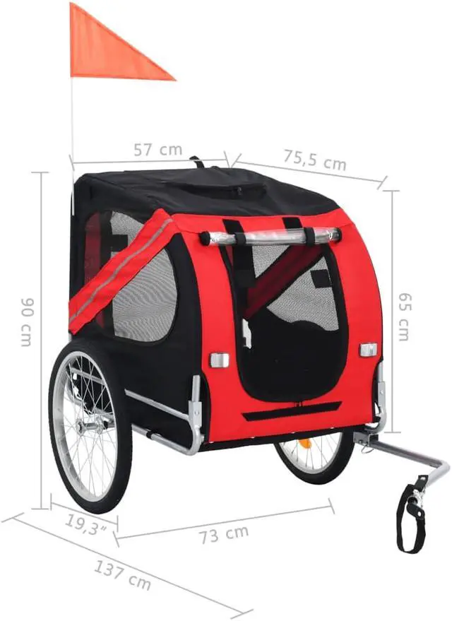 Alt view image 7 of 10 - vidaXL Pet Bike Trailer Foldable Dog Bicycle Carrier Dog Buggy Red and Black