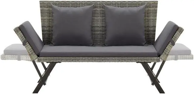 Alt view image 4 of 12 - vidaXL Patio Bench Outdoor Bench with Armrest and Cushions Gray Poly Rattan