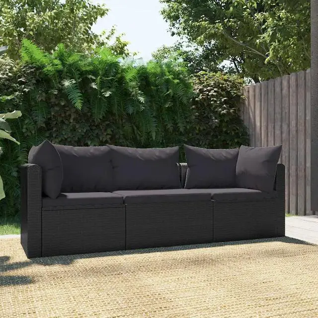 Alt view image 7 of 10 - vidaXL 3 Piece Garden Sofa Set with Cushions Poly Rattan Black
