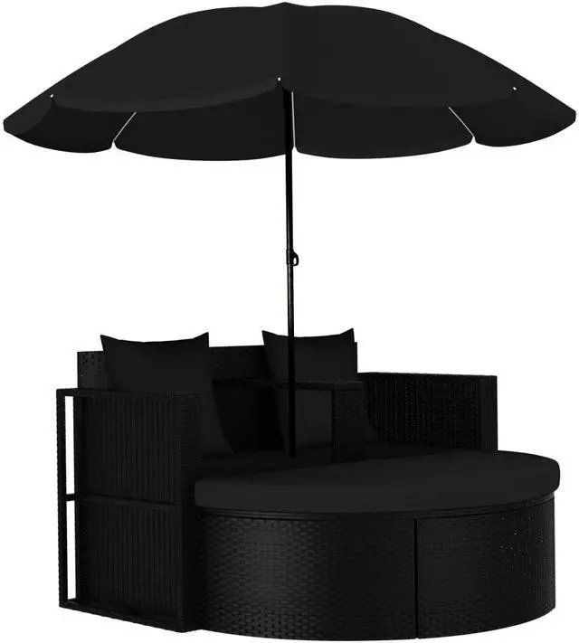 Alt view image 10 of 16 - vidaXL Patio Bed Outdoor Patio Wicker Daybed with Parasol Poly Rattan Black