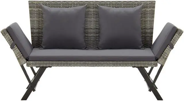 Alt view image 12 of 12 - vidaXL Patio Bench Outdoor Bench with Armrest and Cushions Gray Poly Rattan
