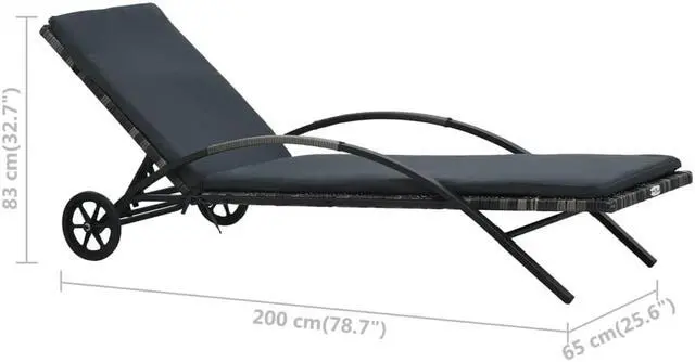 Alt view image 7 of 11 - vidaXL Patio Lounge Chair Sunbed with Cushion & Wheels Poly Rattan Anthracite
