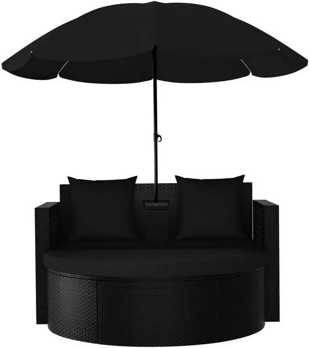 Alt view image 12 of 16 - vidaXL Patio Bed Outdoor Patio Wicker Daybed with Parasol Poly Rattan Black