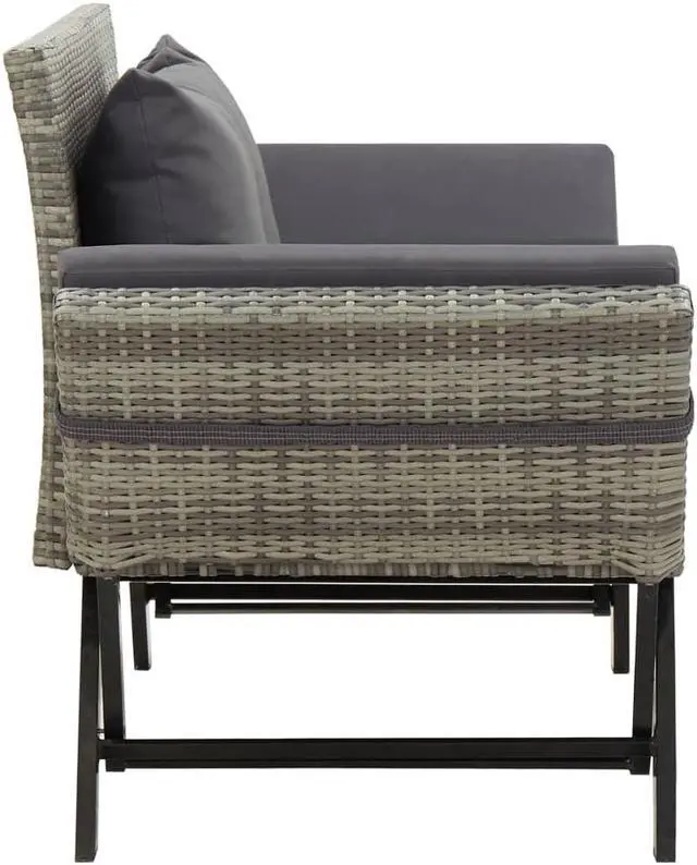 Alt view image 2 of 12 - vidaXL Patio Bench Outdoor Bench with Armrest and Cushions Gray Poly Rattan