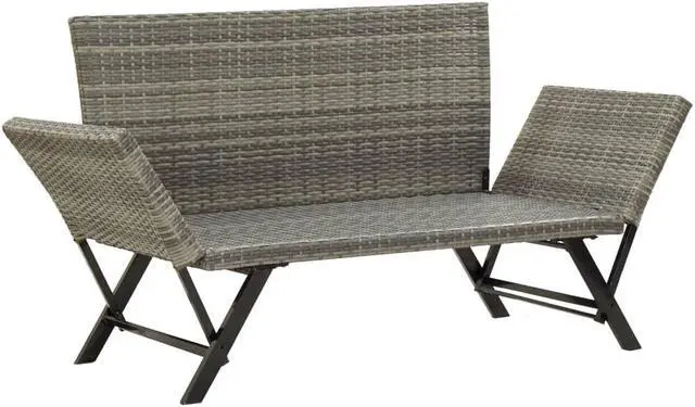 Alt view image 5 of 12 - vidaXL Patio Bench Outdoor Bench with Armrest and Cushions Gray Poly Rattan