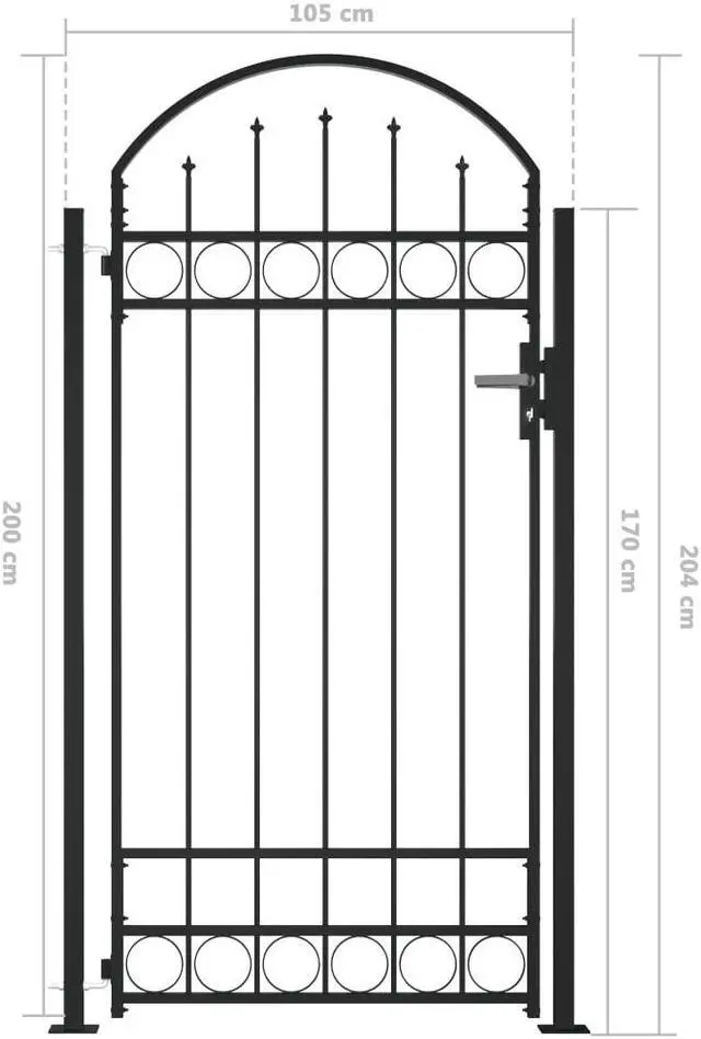 Alt view image 5 of 8 - vidaXL Fence Gate with Arched Top and 2 Posts 41.3"x80.3" Black Garden Barrier