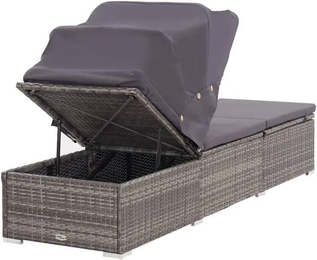 Alt view image 5 of 11 - vidaXL Patio Lounge Chair Sunlounger with Canopy and Cushion Poly Rattan Gray