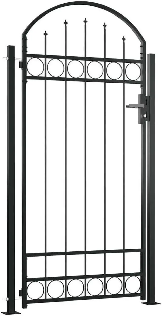 Alt view image 2 of 8 - vidaXL Fence Gate with Arched Top and 2 Posts 41.3"x80.3" Black Garden Barrier