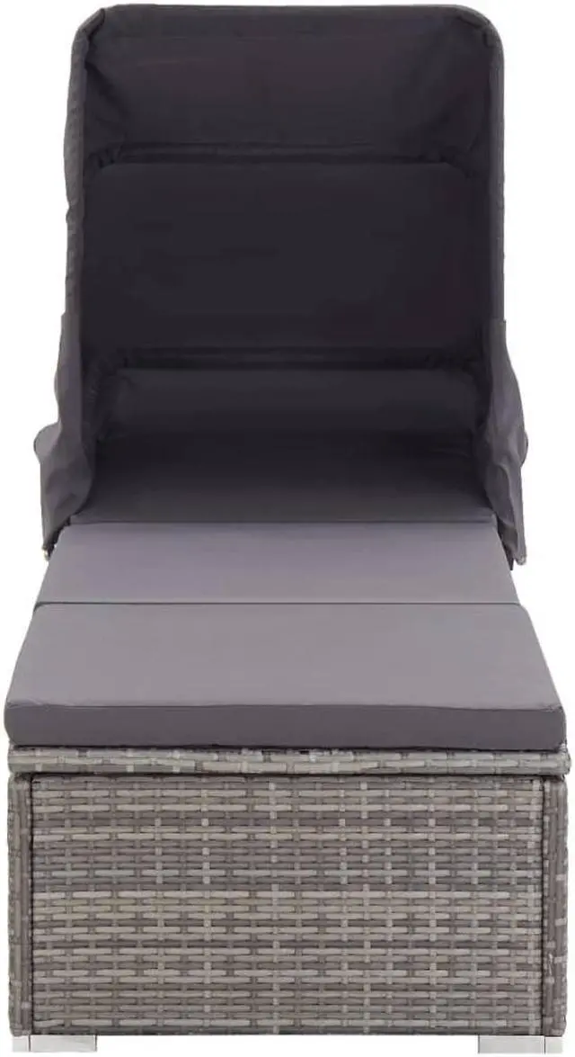 Alt view image 3 of 11 - vidaXL Patio Lounge Chair Sunlounger with Canopy and Cushion Poly Rattan Gray