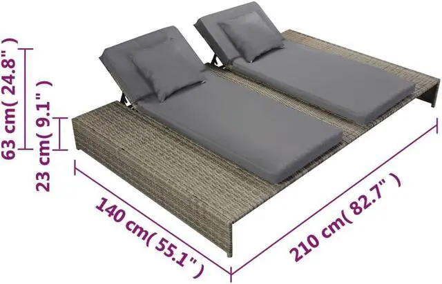 Alt view image 6 of 7 - vidaXL Double Sun Lounger Outdoor Sun Lounge Chair with Cushion Poly Rattan Gray