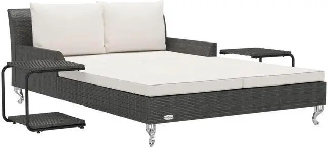 Alt view image 2 of 7 - vidaXL Daybed 2-Person Patio Garden Sun Bed with Cushions Poly Rattan Black