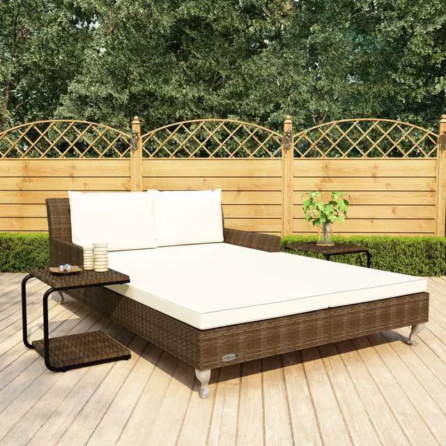 Main image of vidaXL Daybed 2-Person Patio Garden Sun Bed with Cushions Poly Rattan Brown