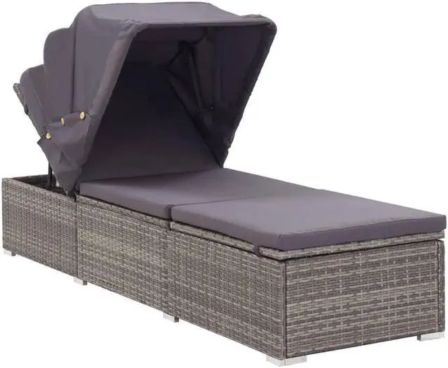 Alt view image 2 of 11 - vidaXL Patio Lounge Chair Sunlounger with Canopy and Cushion Poly Rattan Gray