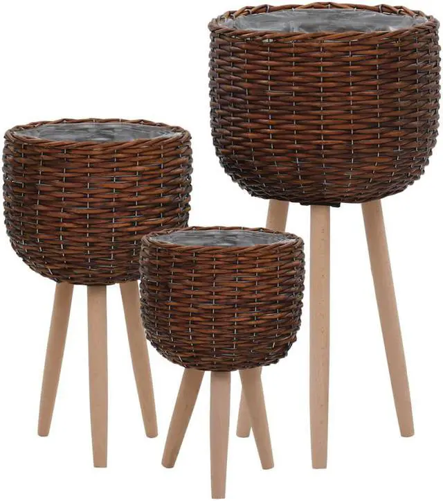 Alt view image 2 of 10 - vidaXL Planters Flower Boxes with PE Lining Wicker Plant Boxes 3 Pcs Solid Wood