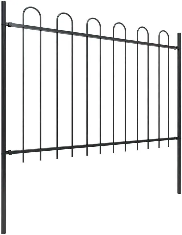 Alt view image 2 of 7 - vidaXL Garden Fence with Hoop Top Steel 211.4"x47.2" Black