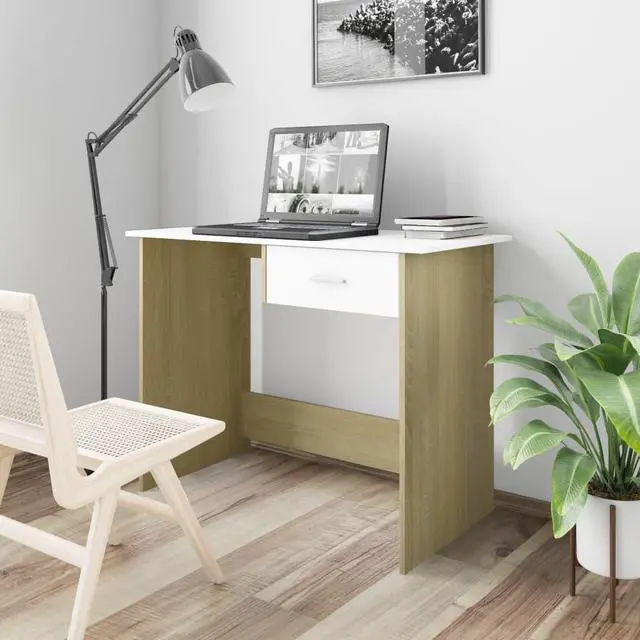 Main image of vidaXL Desk Computer Desk Home Office Desk White and Sonoma Oak Engineered Wood