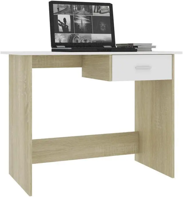 Alt view image 3 of 10 - vidaXL Desk Computer Desk Home Office Desk White and Sonoma Oak Engineered Wood