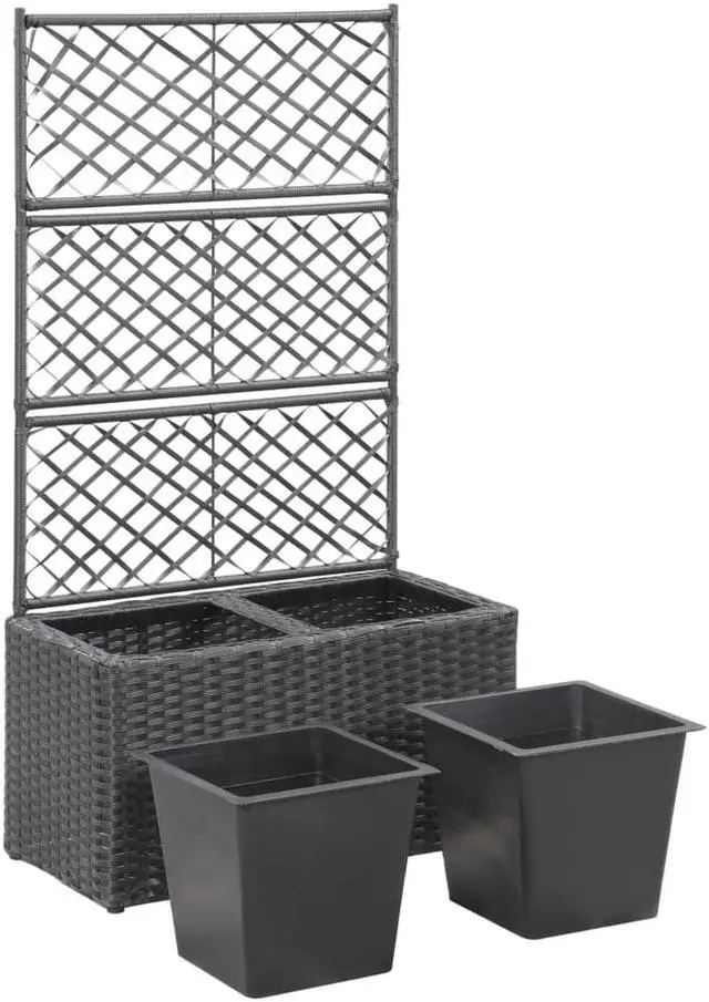 Alt view image 4 of 18 - vidaXL Trellis Raised Bed with 2 Pots Poly Rattan Black Planter Growing Box