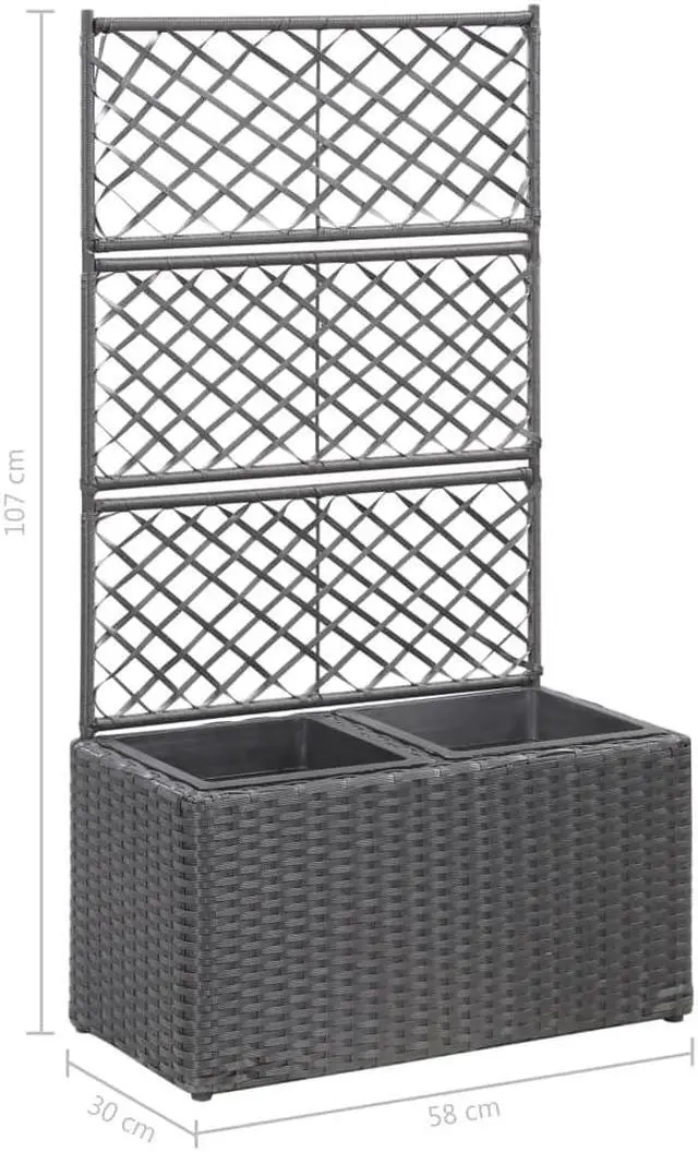 Alt view image 7 of 18 - vidaXL Trellis Raised Bed with 2 Pots Poly Rattan Black Planter Growing Box