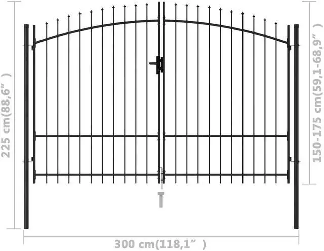 Alt view image 4 of 5 - vidaXL Fence Gate Double Door with Spike Top Steel 9.8'x5.7' Black