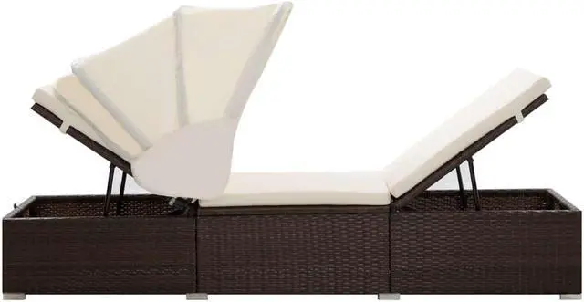 Alt view image 5 of 11 - vidaXL Patio Lounge Chair Sunlounger with Canopy and Cushion Poly Rattan Brown