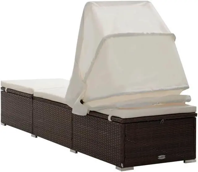 Alt view image 6 of 11 - vidaXL Patio Lounge Chair Sunlounger with Canopy and Cushion Poly Rattan Brown