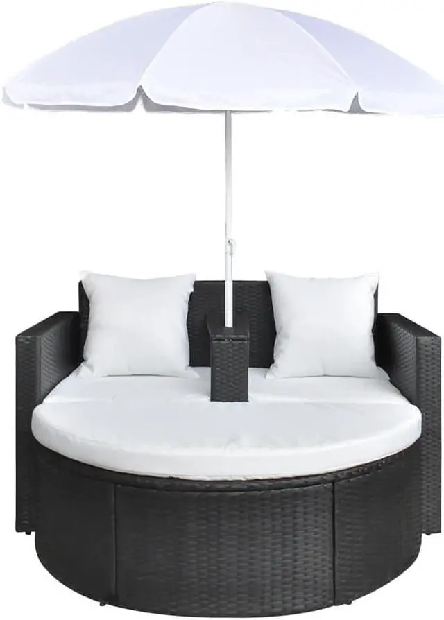 Alt view image 12 of 14 - vidaXL Patio Bed Outdoor Patio Wicker Daybed with Parasol Brown Poly Rattan