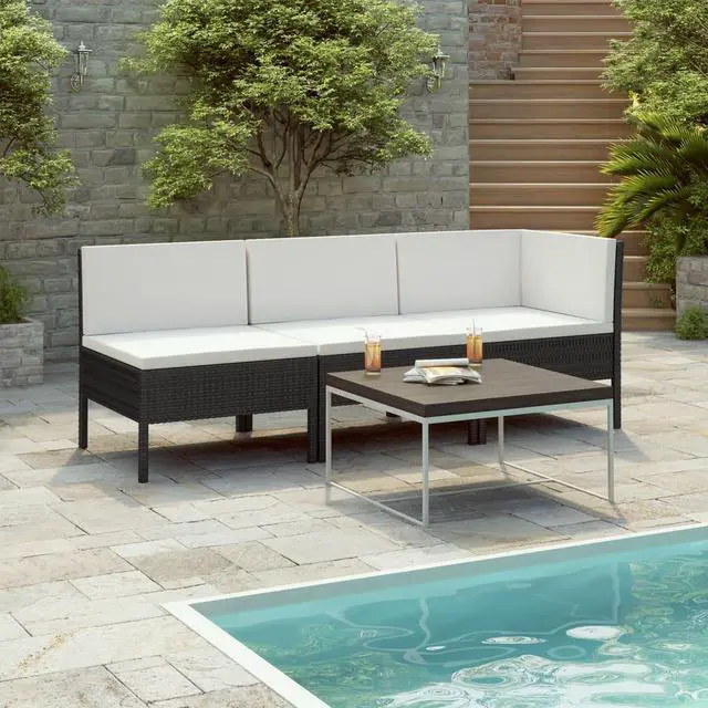 Alt view image 4 of 12 - vidaXL 3 Piece Garden Lounge Set with Cushions Poly Rattan Black