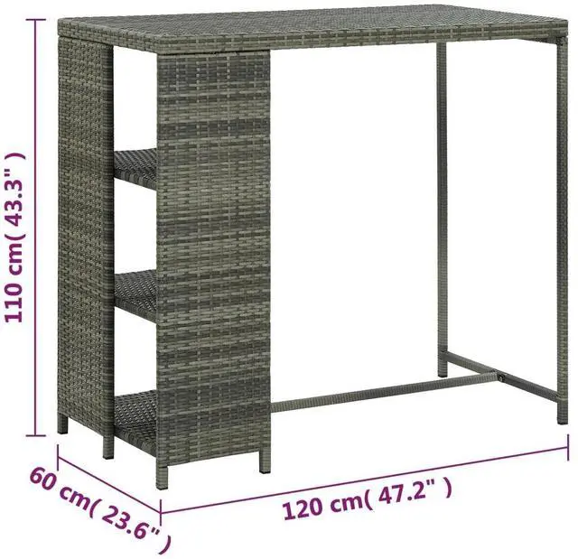 Alt view image 4 of 15 - vidaXL Bar Table with Storage Rack Gray Poly Rattan Dining Room Kitchen Table