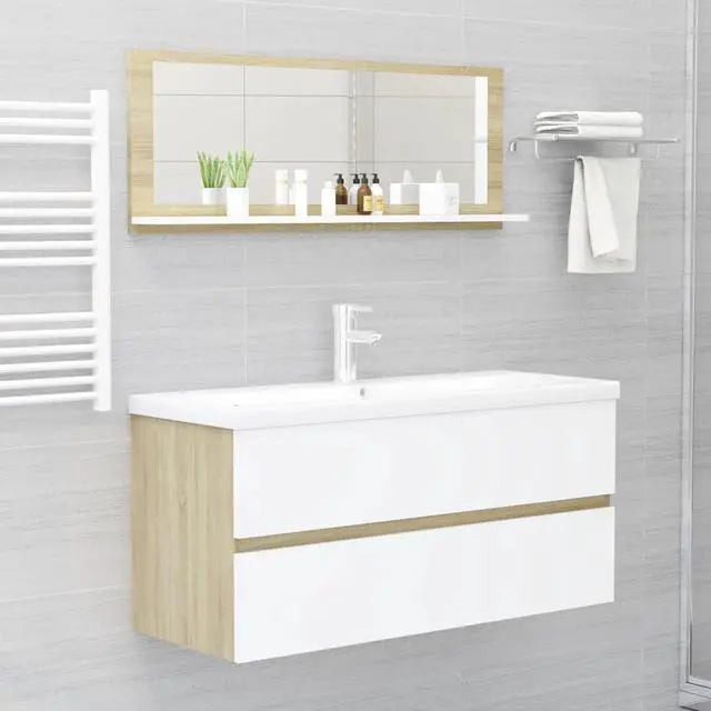 Alt view image 4 of 13 - vidaXL Mirror Wall Mounted Bath Mirror White and Sonoma Oak Engineered Wood
