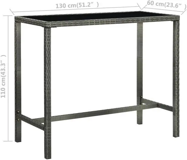 Alt view image 13 of 14 - vidaXL Patio Bar Table Gray 51.2"x23.6"x43.3" Poly Rattan and Glass