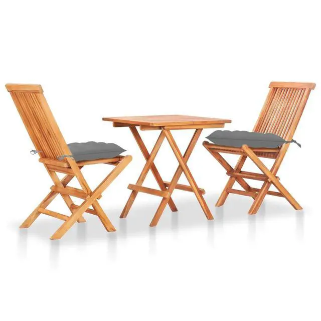 Alt view image 9 of 13 - vidaXL 3 Piece Bistro Set with Gray Cushions Solid Teak Wood