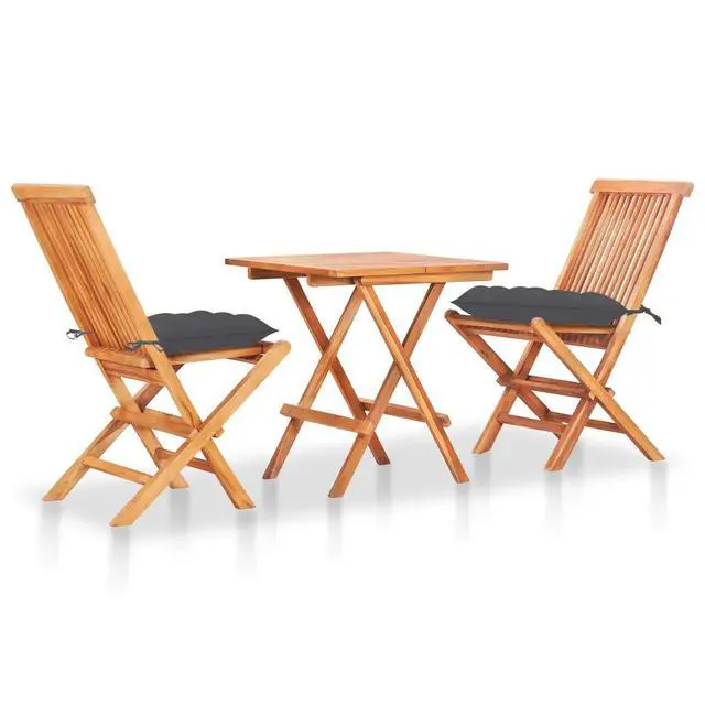 Alt view image 10 of 13 - vidaXL 3 Piece Bistro Set with Anthracite Cushions Solid Teak Wood