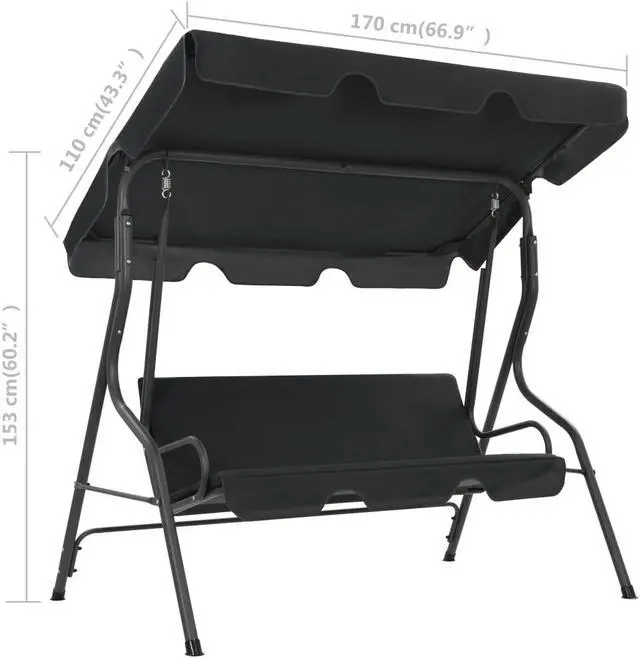 Alt view image 6 of 12 - vidaXL Garden Swing Chair Outdoor Bench with Canopy and Cushion Anthracite Steel