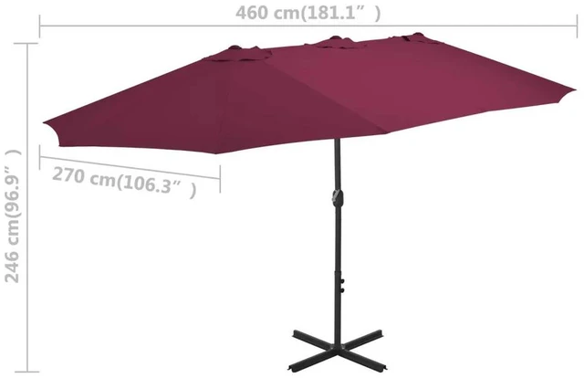 Alt view image 13 of 13 - vidaXL Outdoor Parasol with Aluminum Pole 181.1"x106.3" Bordeaux Red